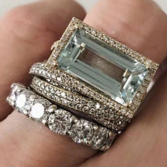 Triple Layer Crystal Emerald-Cut Ring Set