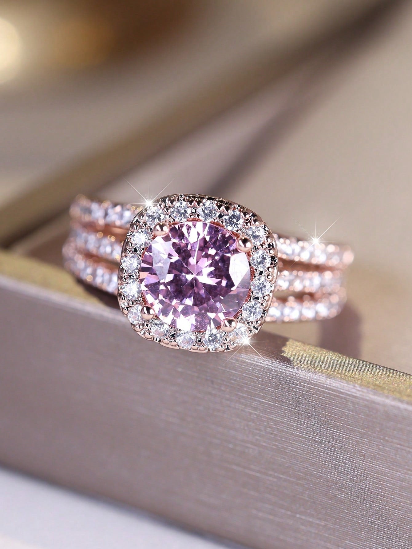 Pink Halo Zirconia Engagement Ring