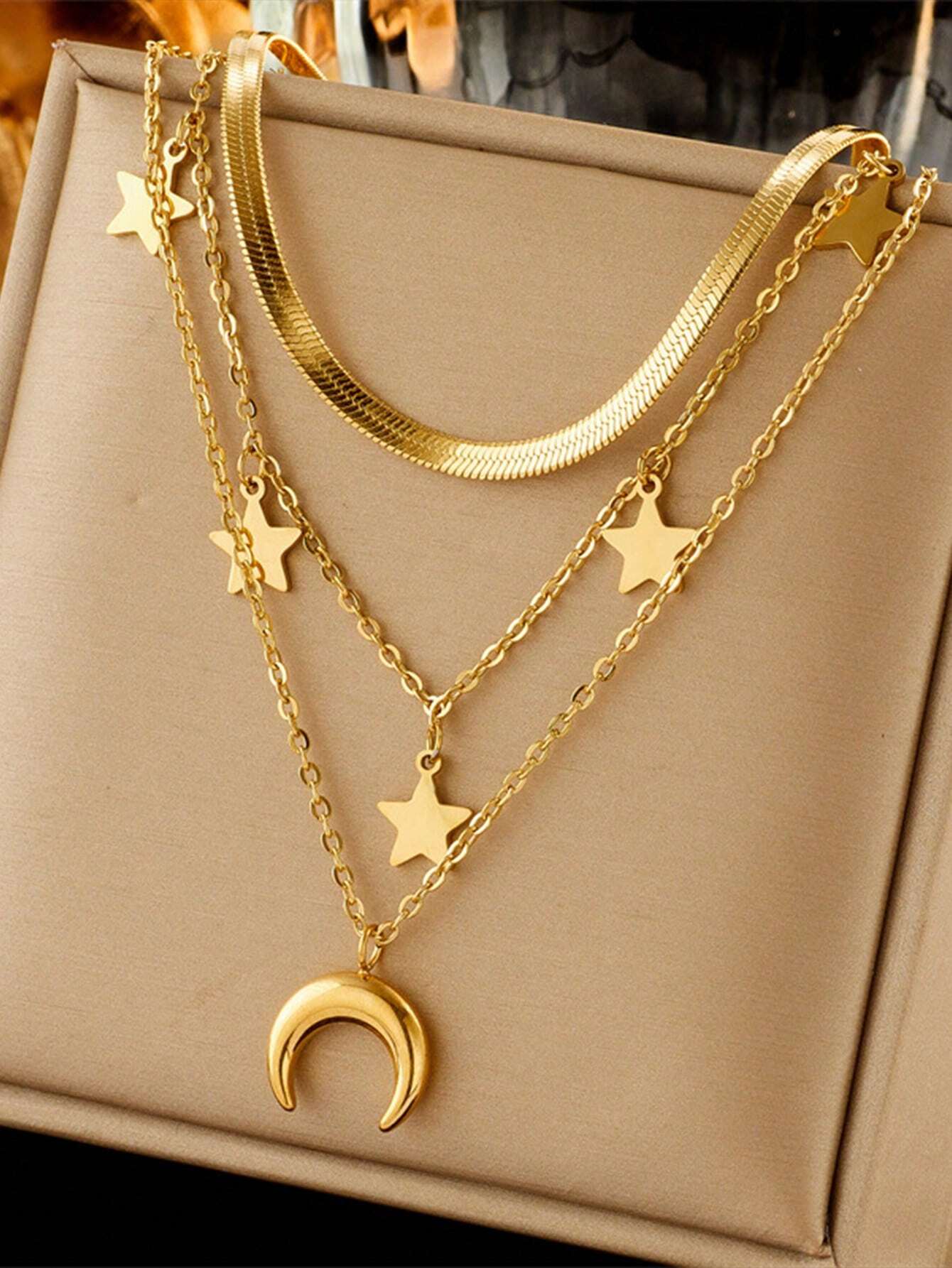 Layered Love & Crescent Moon Necklace Set