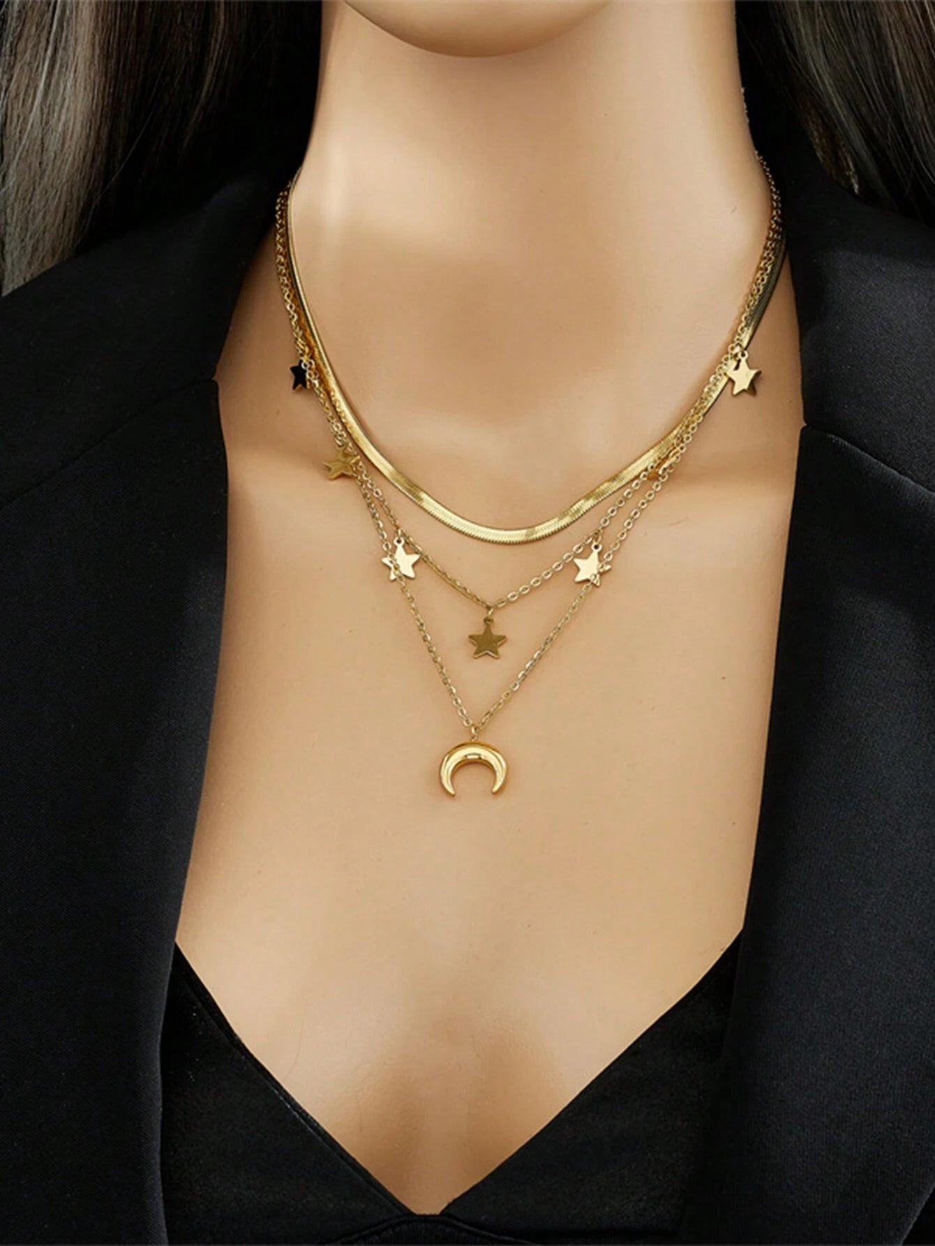 Layered Love & Crescent Moon Necklace Set