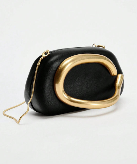 C-Handle Sculptural Black Clutch