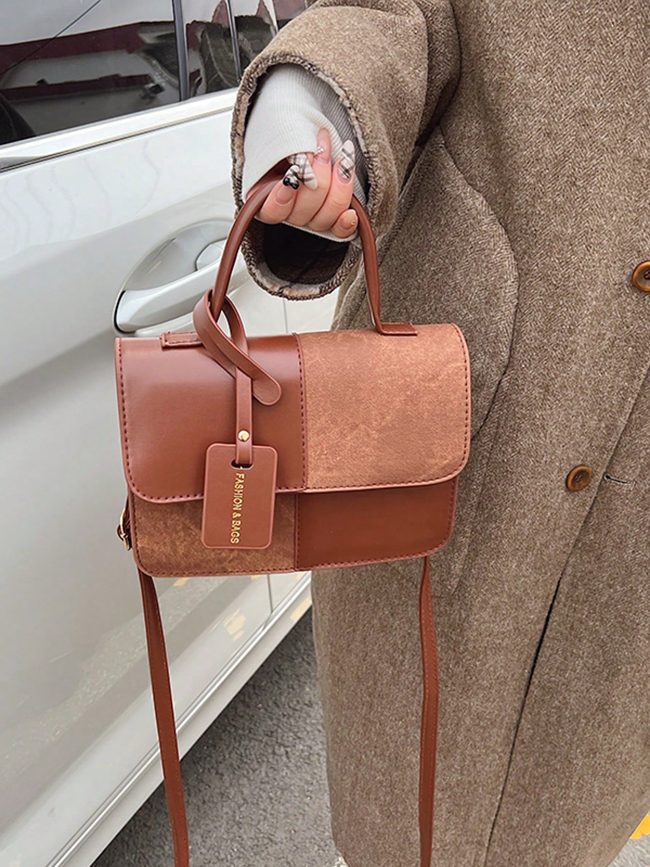 Suede Panel Mini Top Handle Bag
