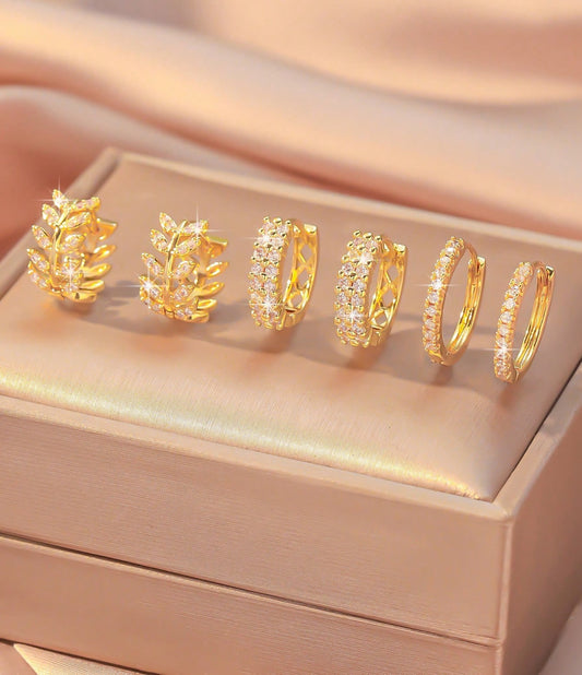 Elegant Wheat Design Hoop Earring Set with Cubic Zirconia