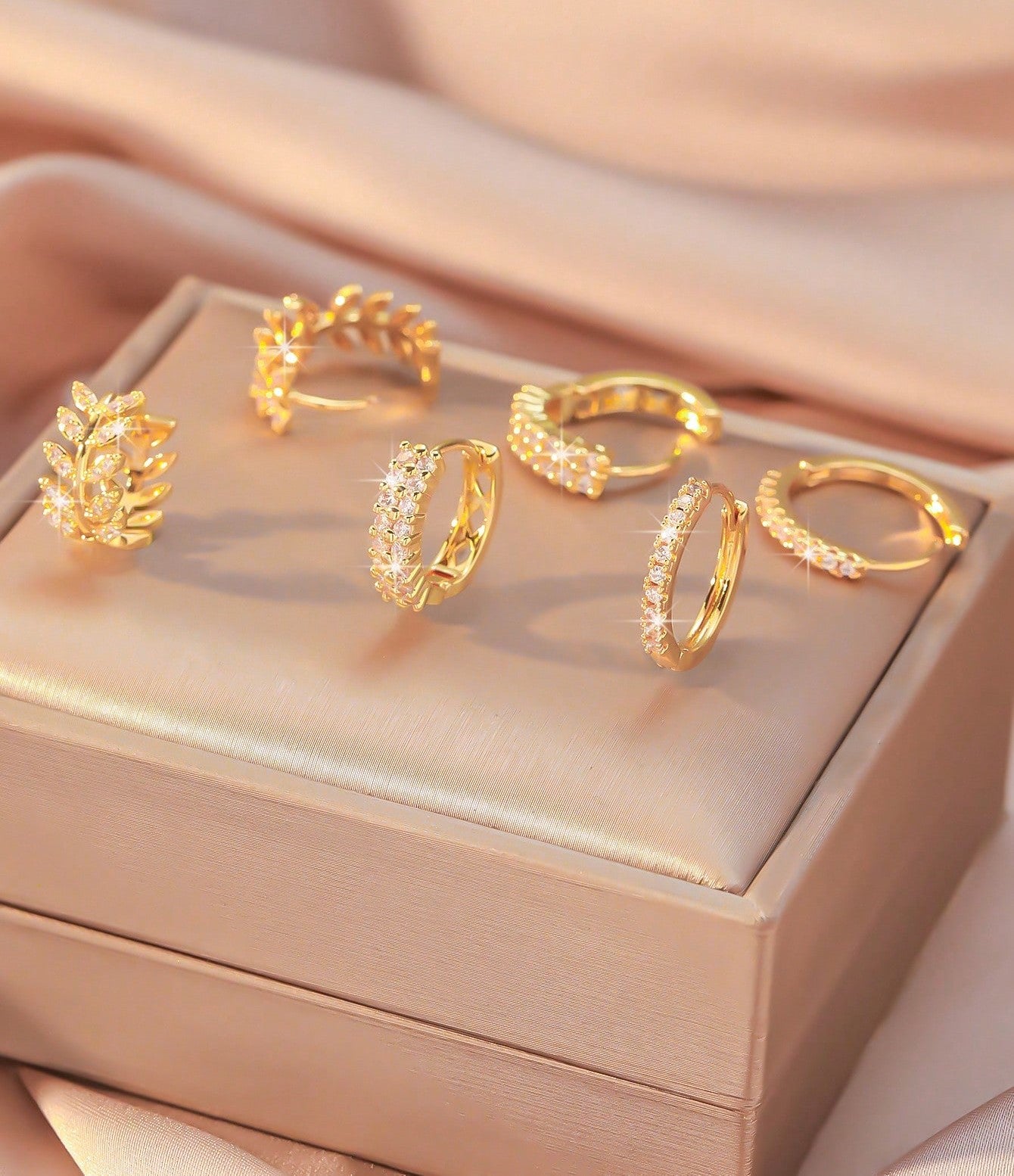 Elegant Wheat Design Hoop Earring Set with Cubic Zirconia