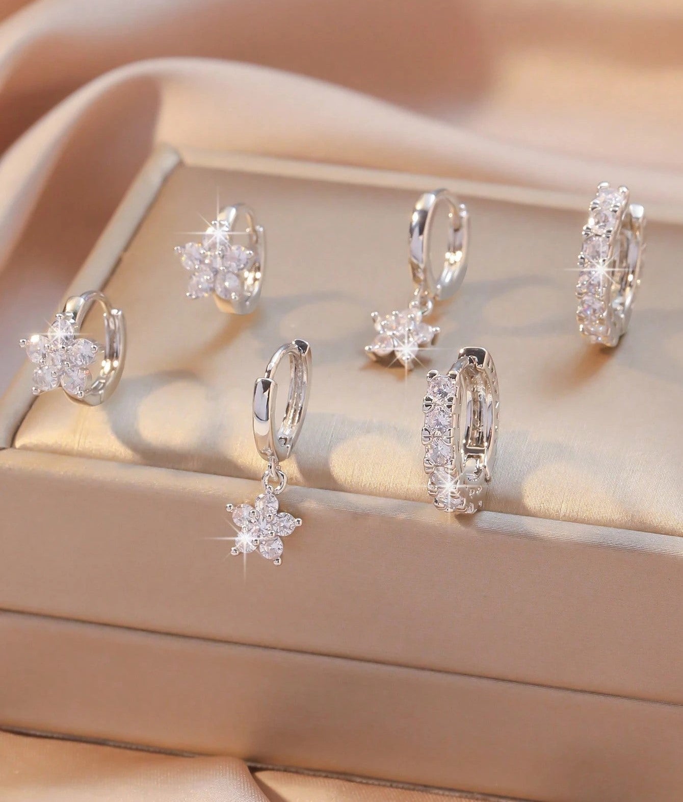 Cubic Zirconia Flower Hoop & Pendant Earring Set