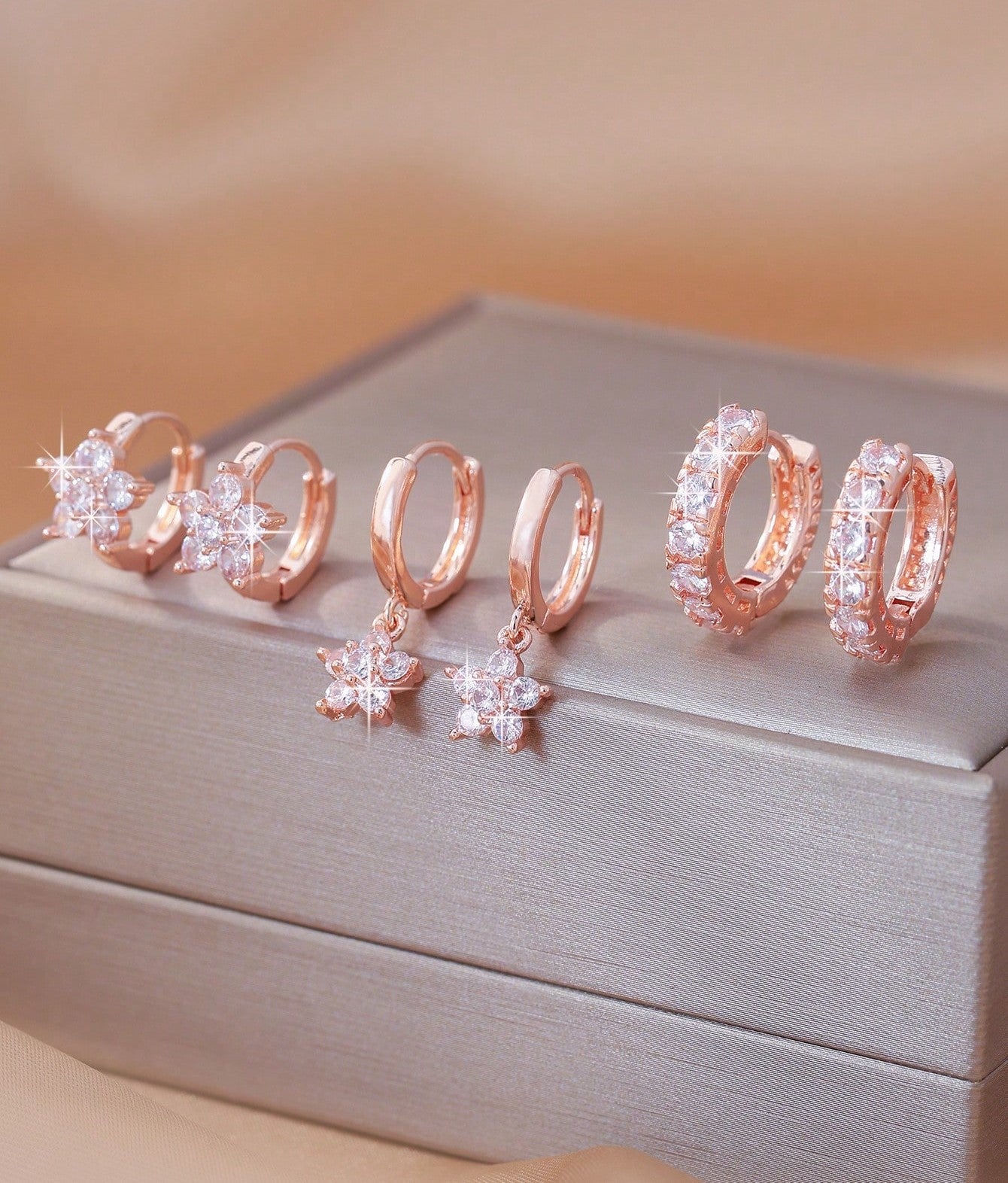 Cubic Zirconia Flower Hoop & Pendant Earring Set