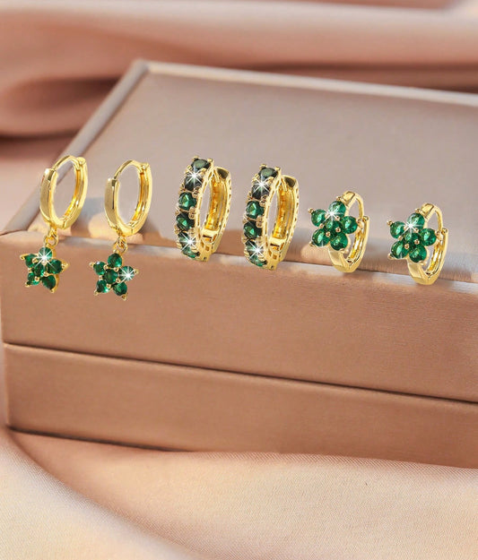 Colorful Cubic Zirconia Flower Hoop & Pendant Earring Set