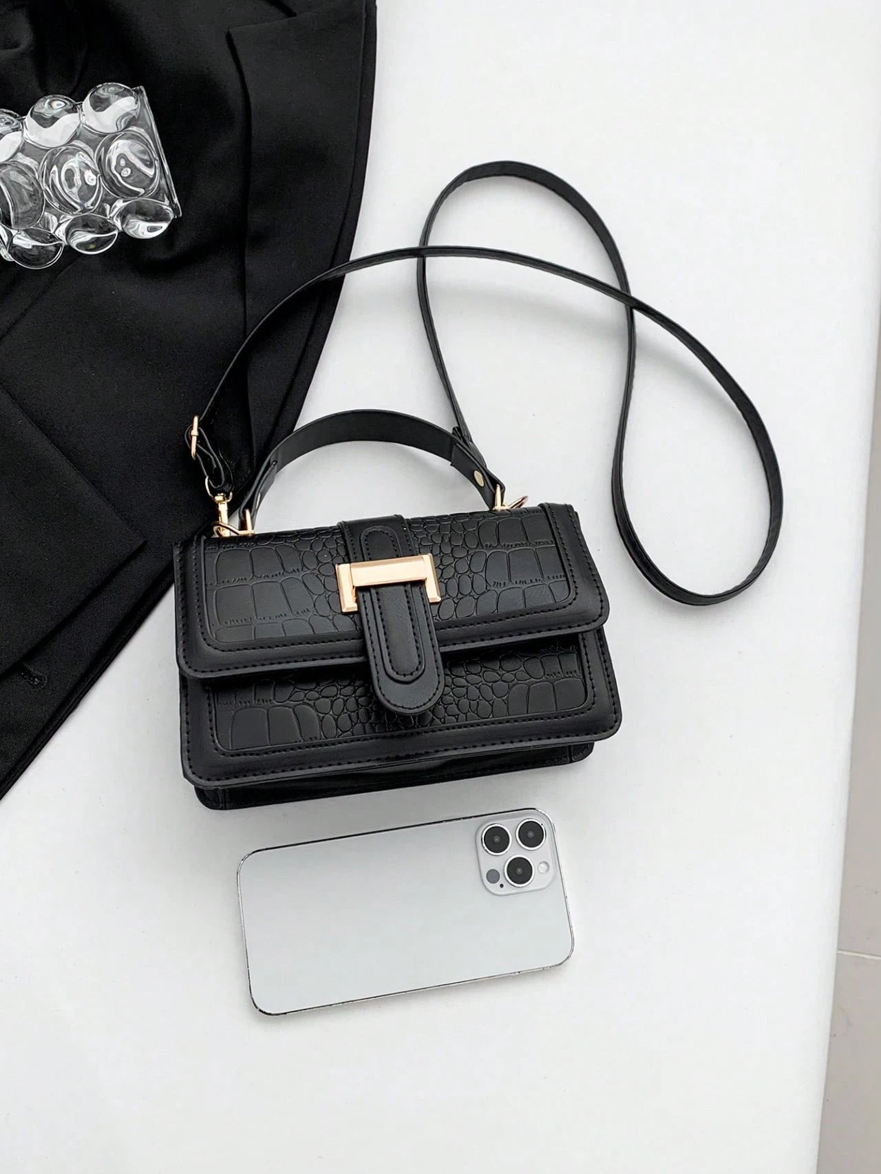 Black Minimal Gold Lock Shoulder Bag