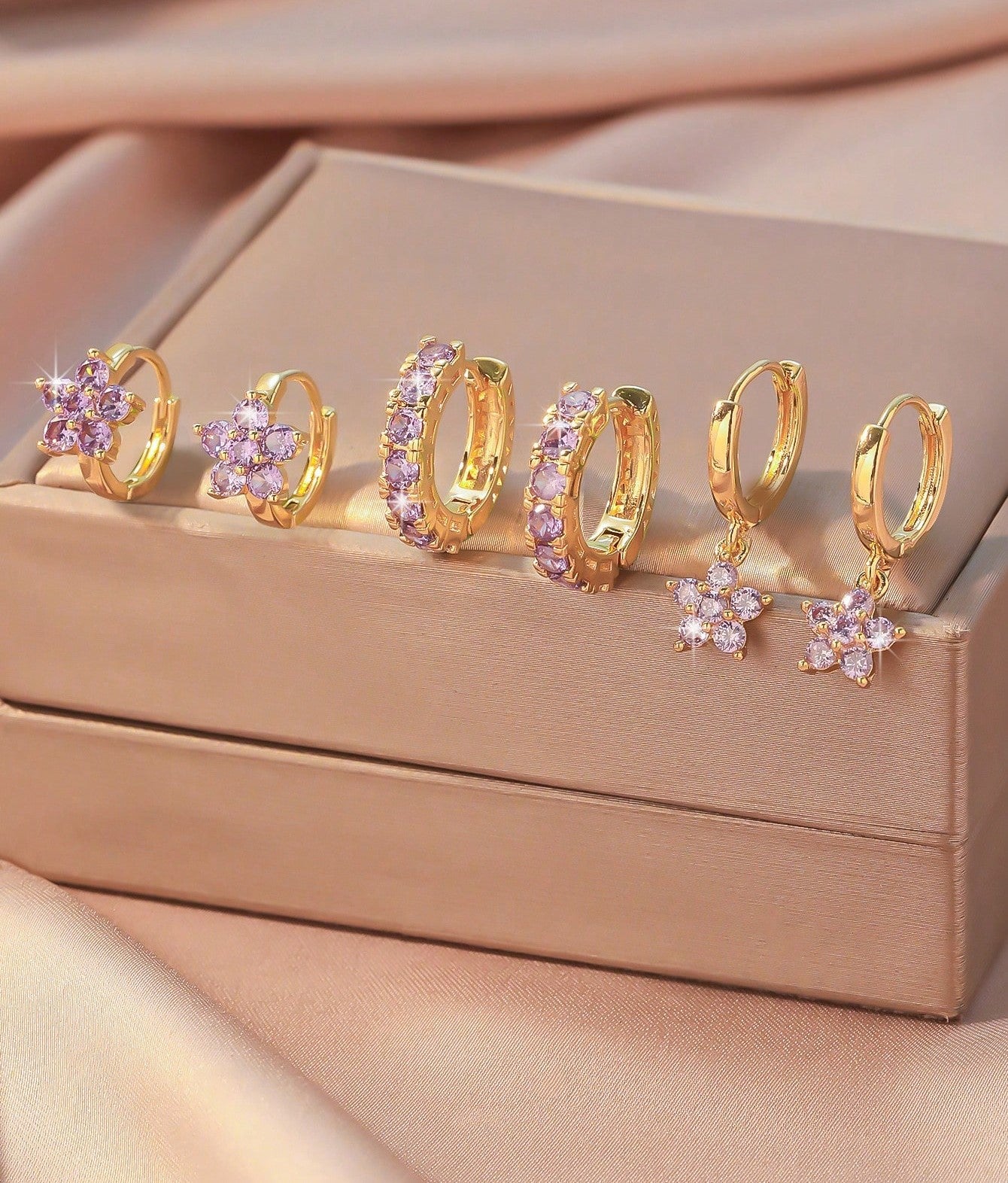 Colorful Cubic Zirconia Flower Hoop & Pendant Earring Set