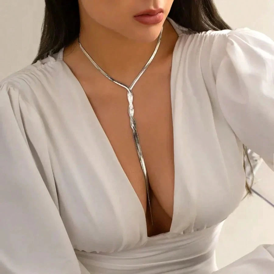 Flat Snake Chain Y Necklace with Long Tassel