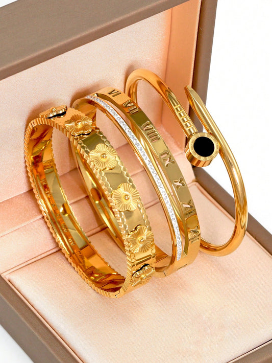 Golden Flora™ – Luxury 3-Piece Gold-Plated Bangle Set