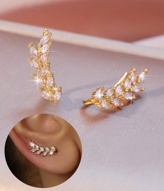 Elegant Leaf Cubic Zirconia Ear Climber Earrings