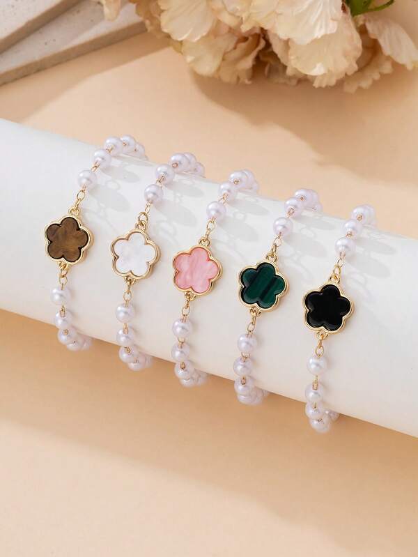 Pearl Clover™ – 5-Piece Pearl Charm Bracelet Set