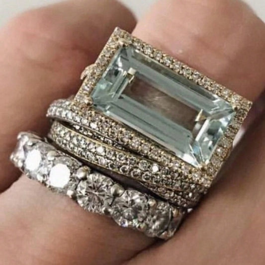 Triple Layer Crystal Emerald-Cut Ring Set