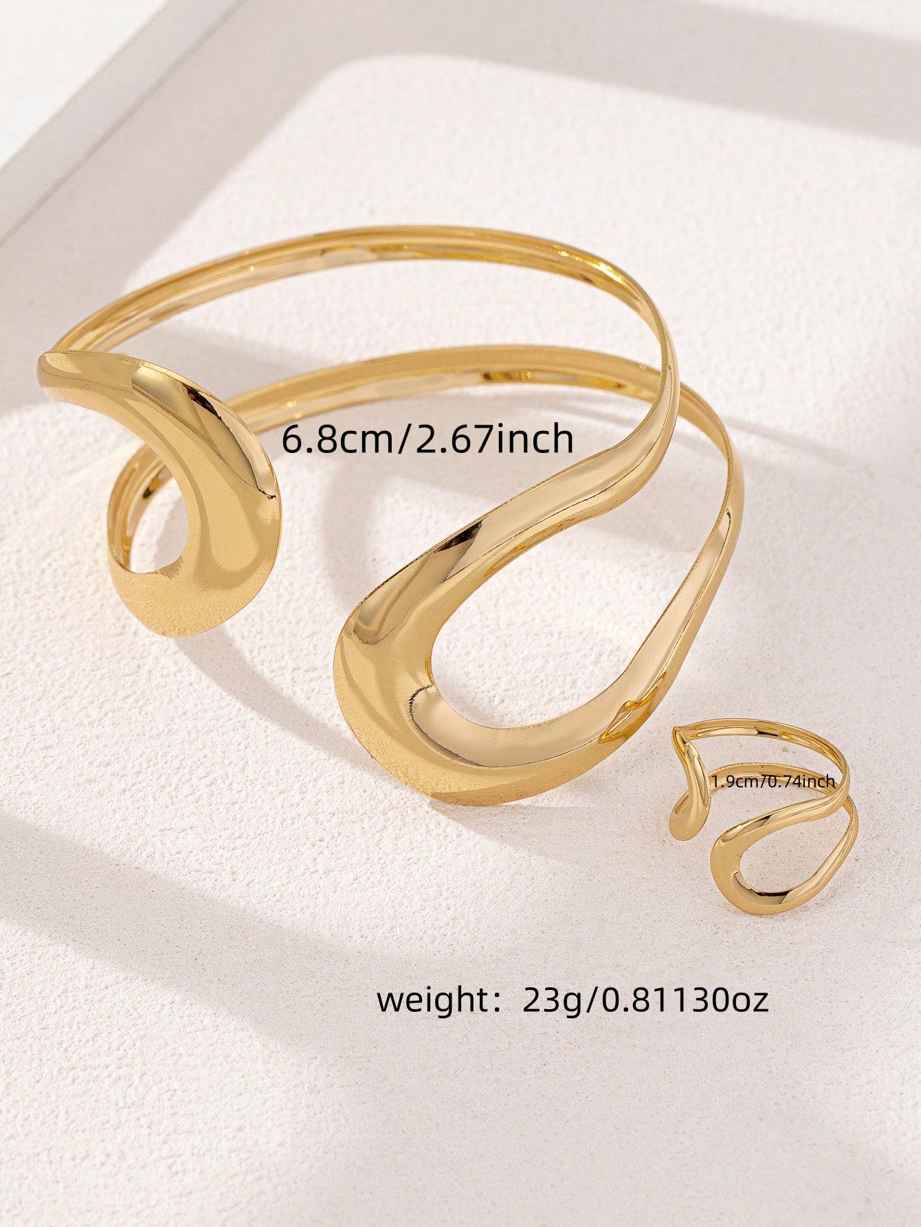 Modern Sculptural Gold-Plated Bracelet & Ring Set