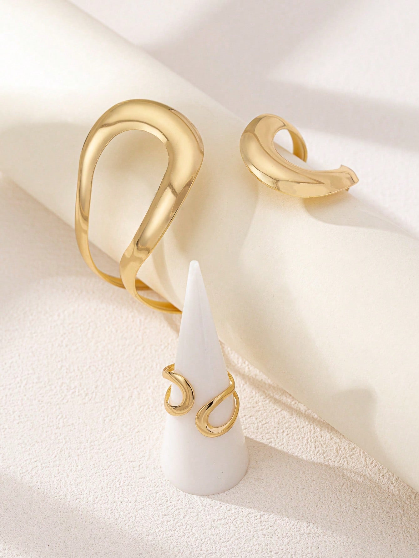 Modern Sculptural Gold-Plated Bracelet & Ring Set