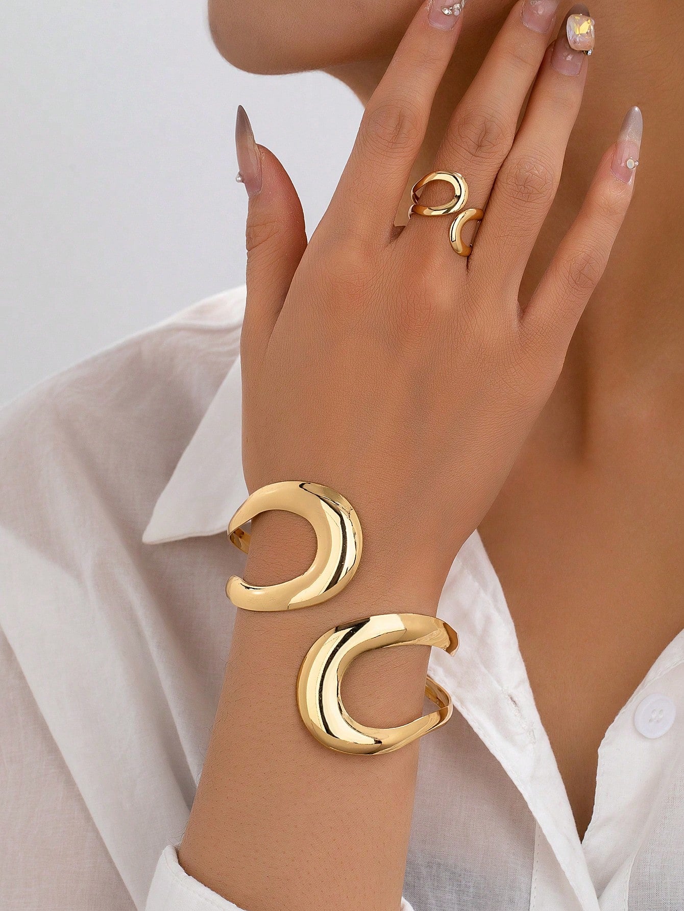 Modern Sculptural Gold-Plated Bracelet & Ring Set