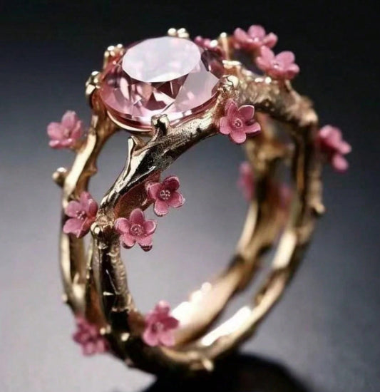 Floral Branch Gemstone Copper Inlay Ring Set