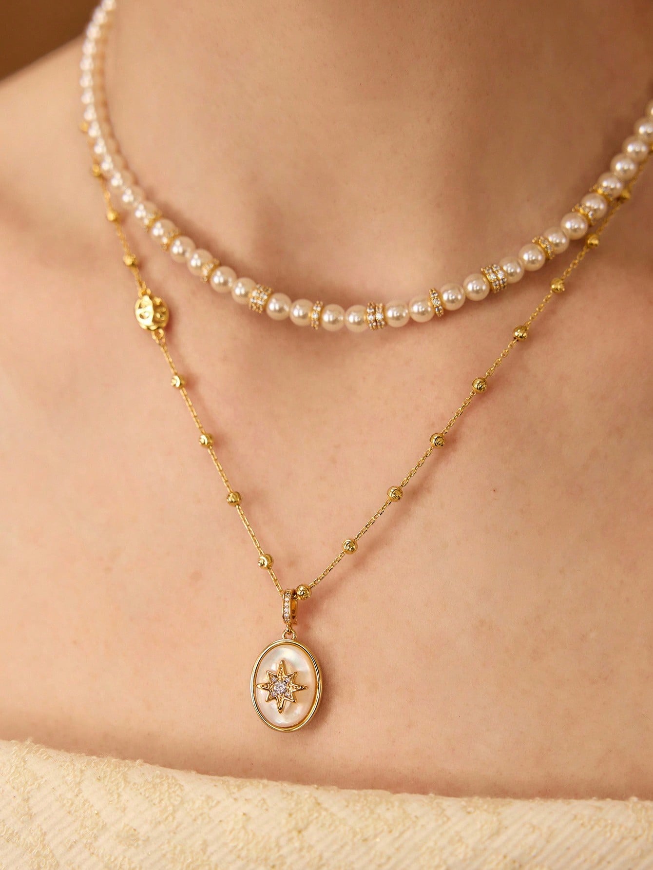 Pearl Choker & Star Locket Necklace Set