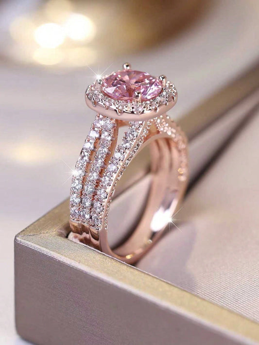 Pink Halo Zirconia Engagement Ring