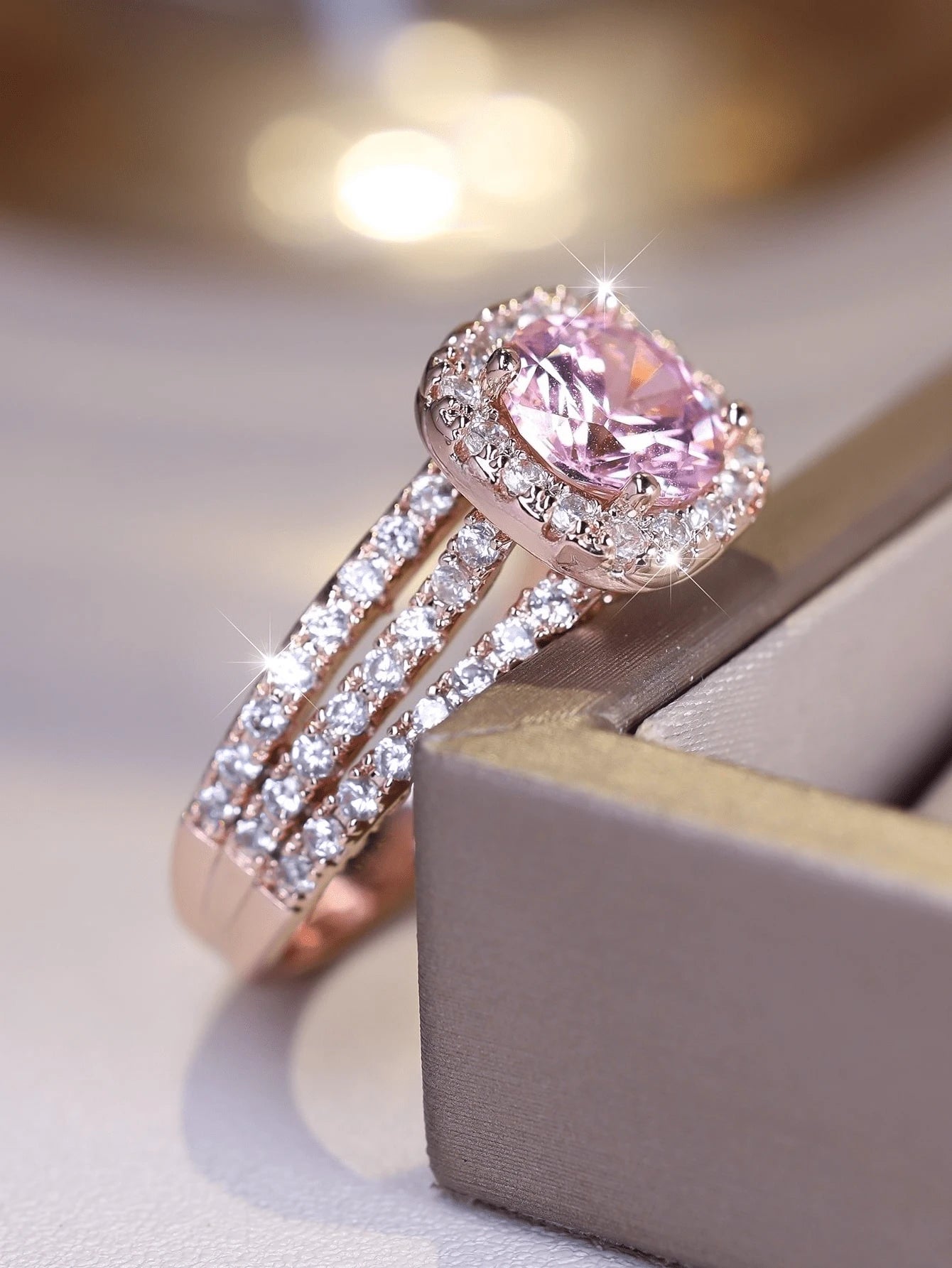Pink Halo Zirconia Engagement Ring
