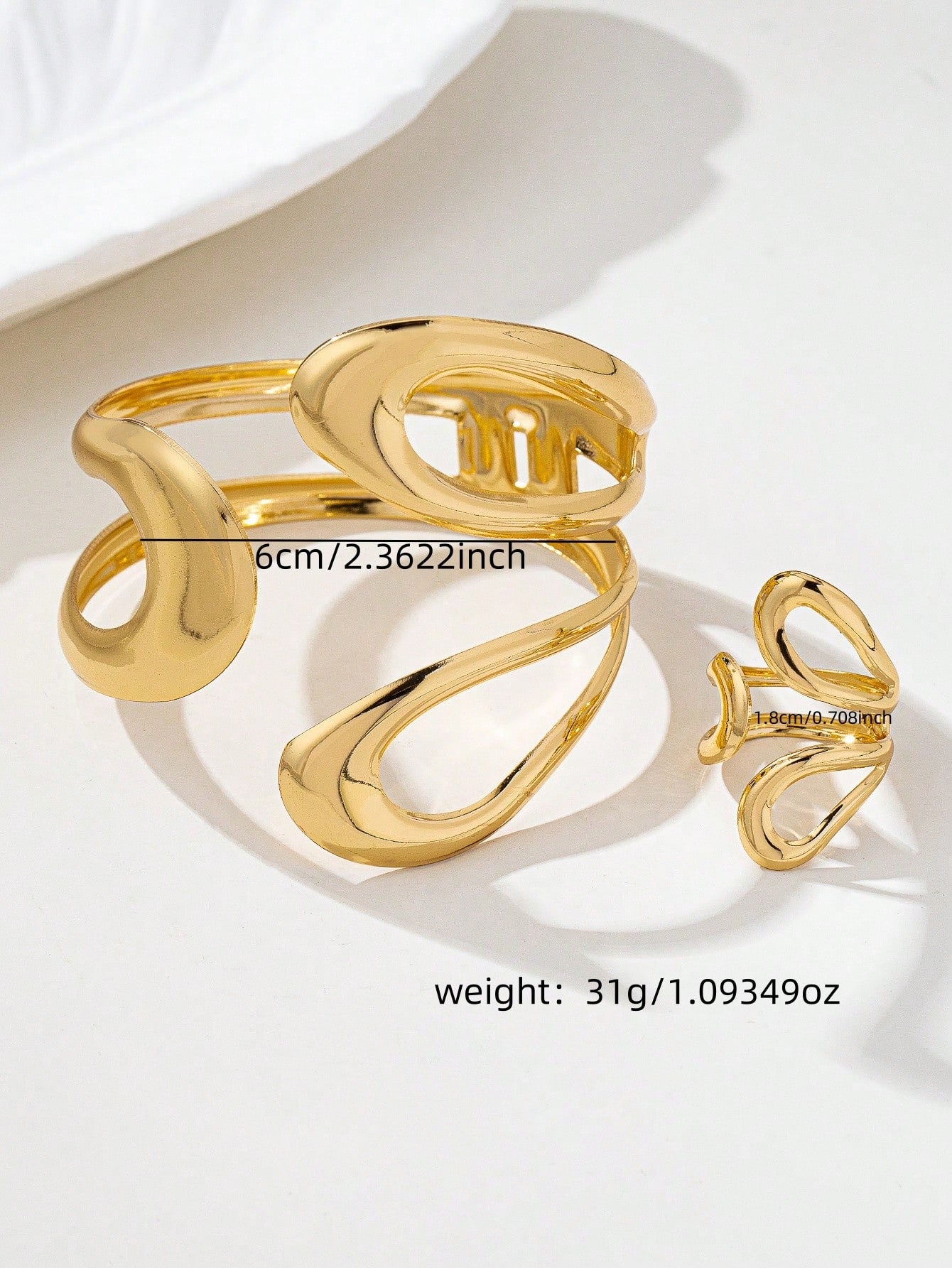 Modern Sculptural Gold-Plated Bracelet & Ring Set