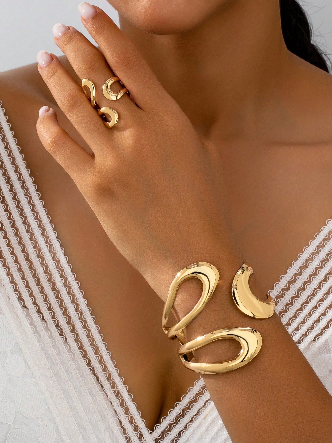 Modern Sculptural Gold-Plated Bracelet & Ring Set