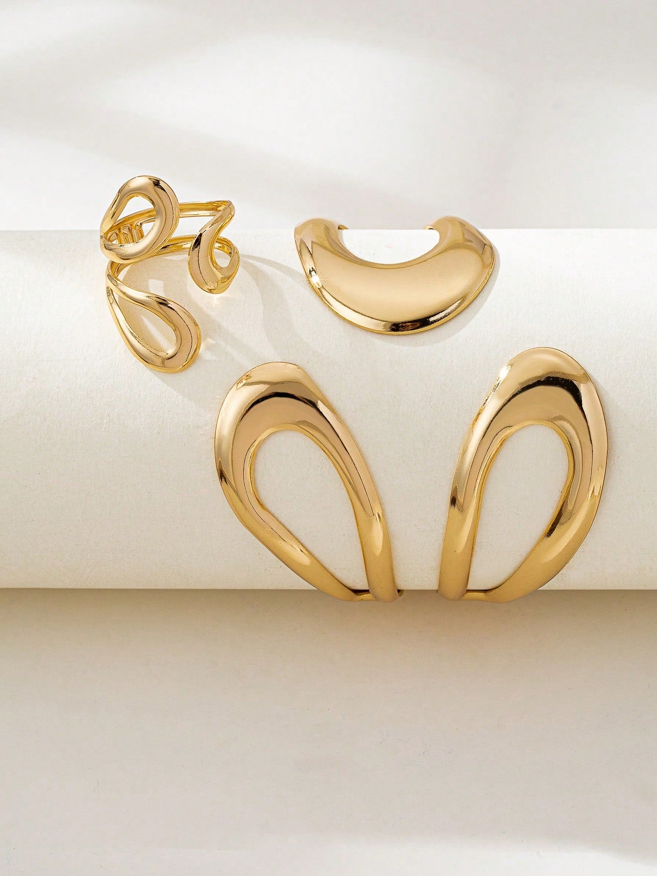 Modern Sculptural Gold-Plated Bracelet & Ring Set