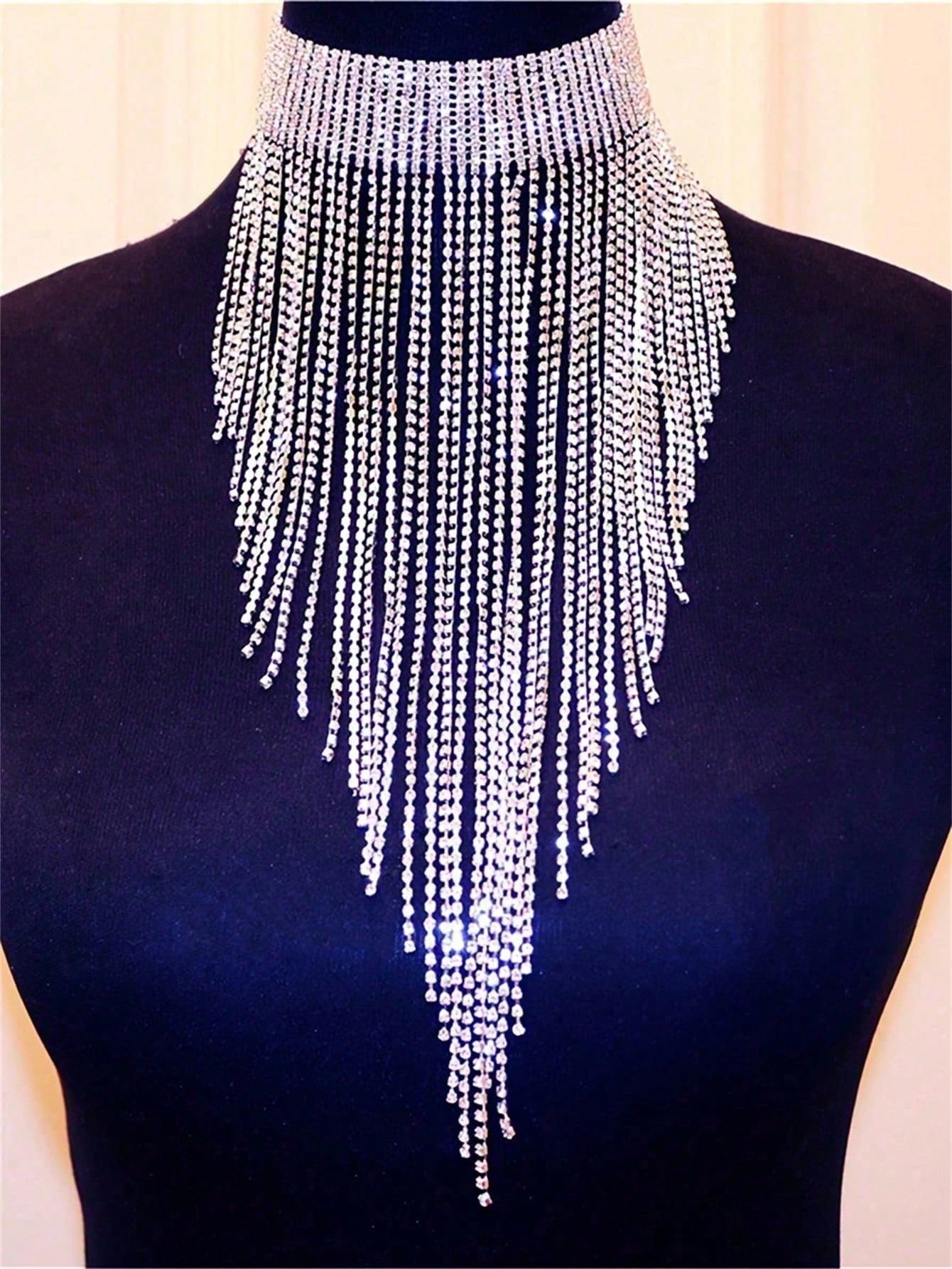 Rhinestone Fringe Tassel Choker Necklace