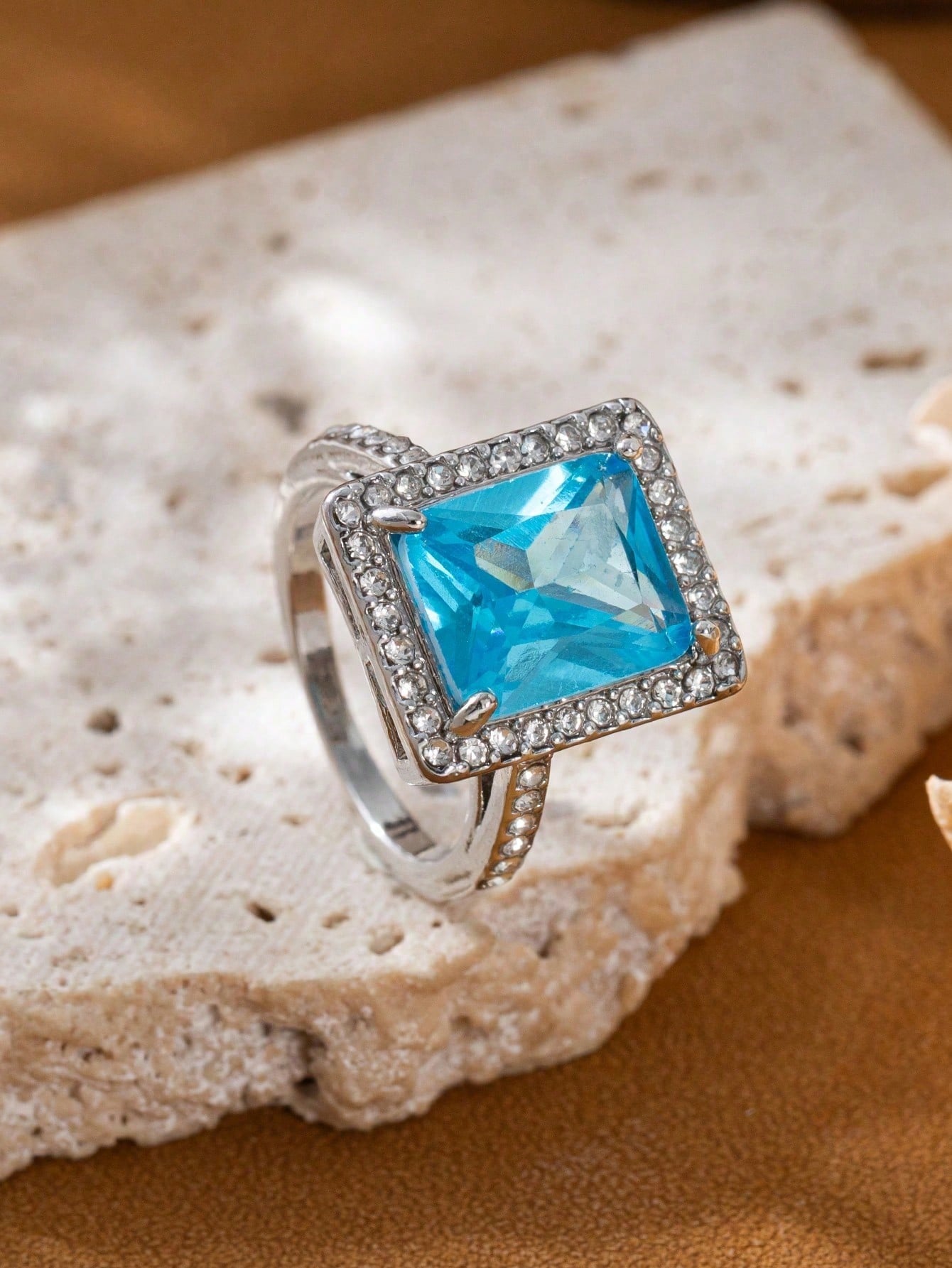 Square Blue Cubic Zirconia Halo Ring