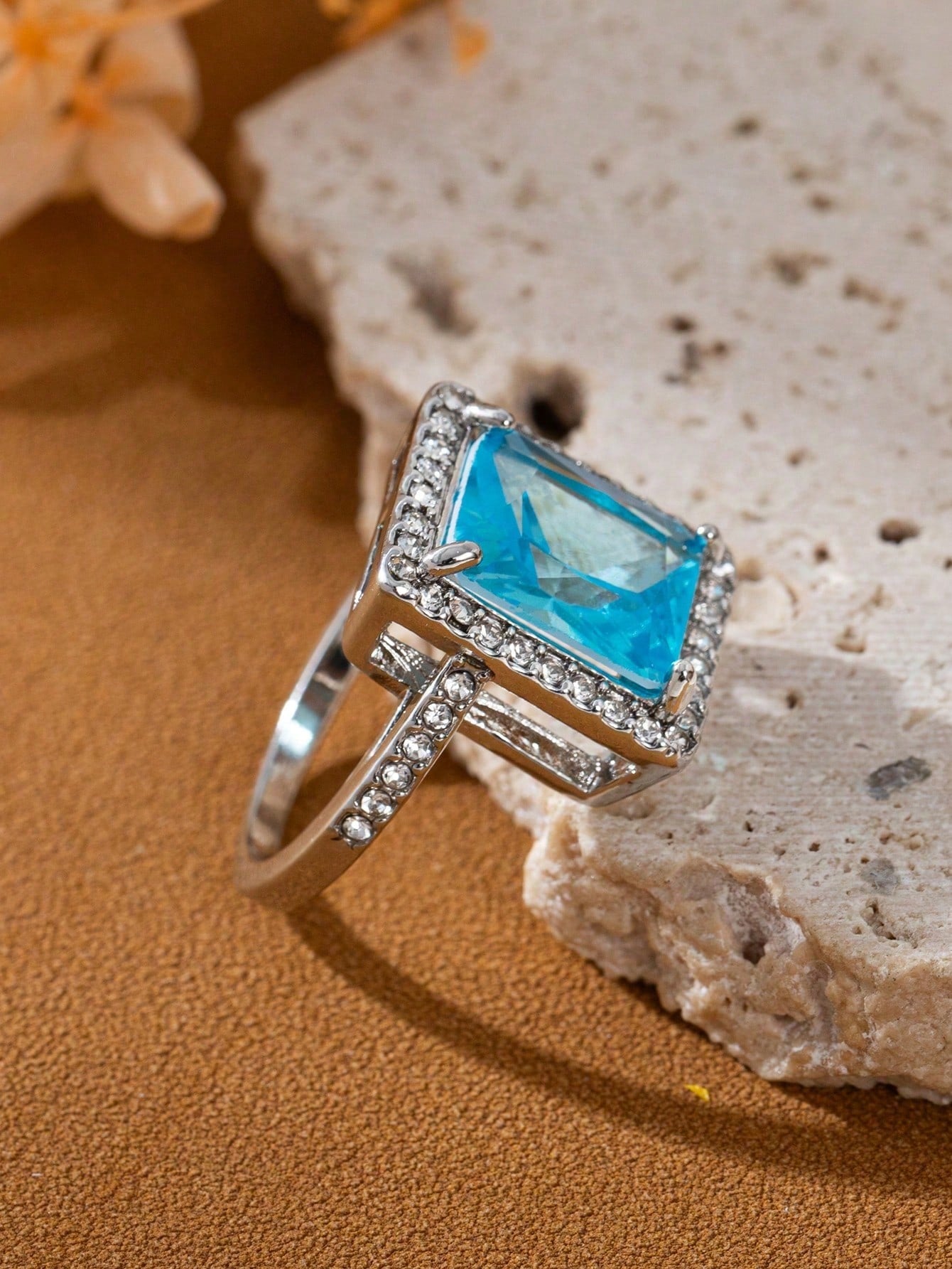 Square Blue Cubic Zirconia Halo Ring