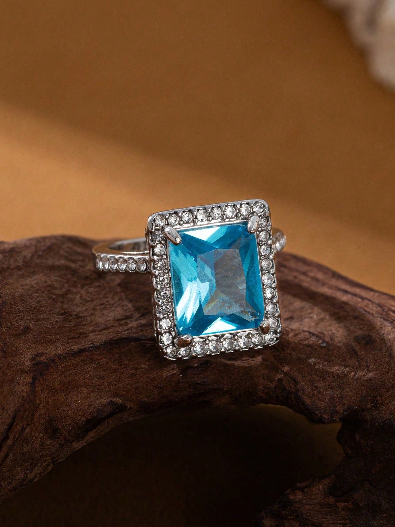 Square Blue Cubic Zirconia Halo Ring