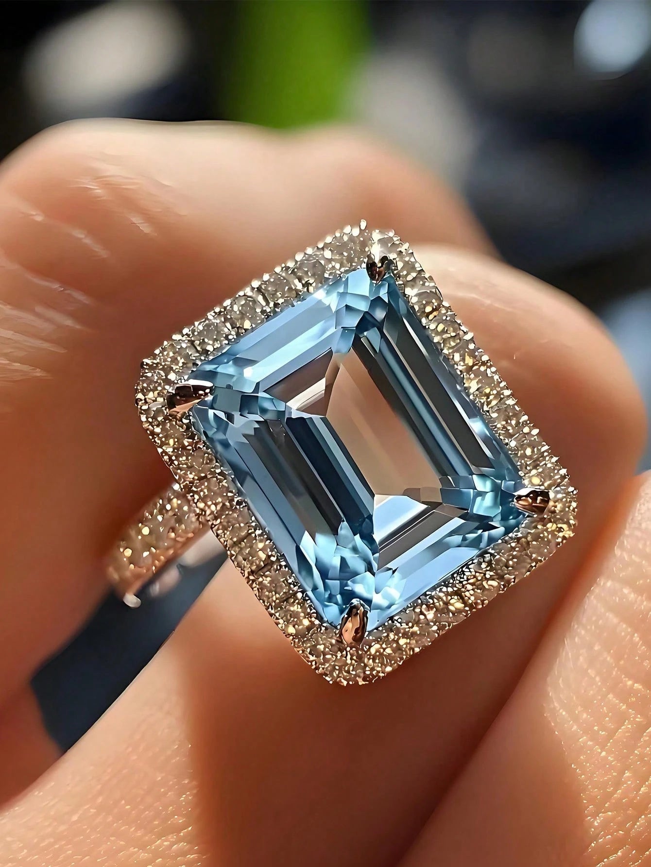 Square Blue Cubic Zirconia Halo Ring