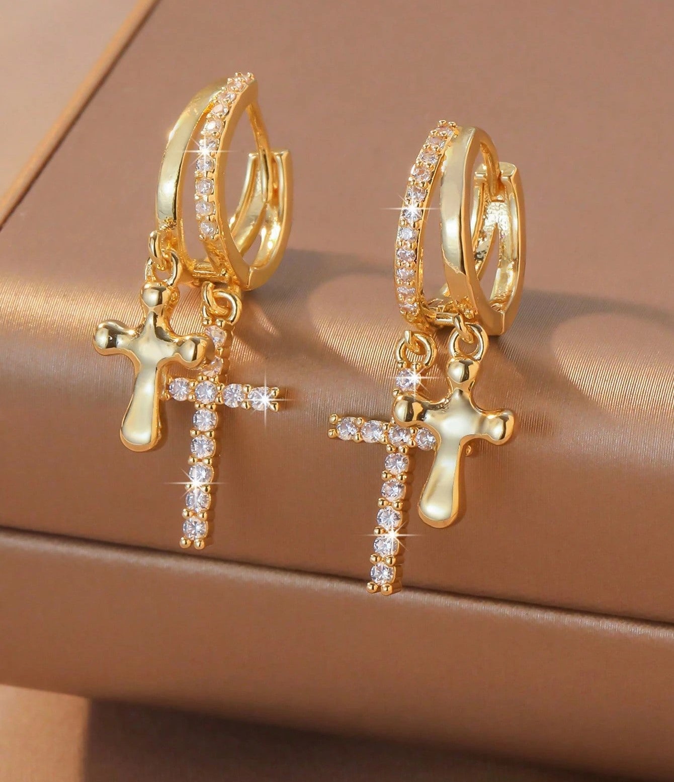 Vintage Cross Charm Cubic Zirconia Hoop Earrings