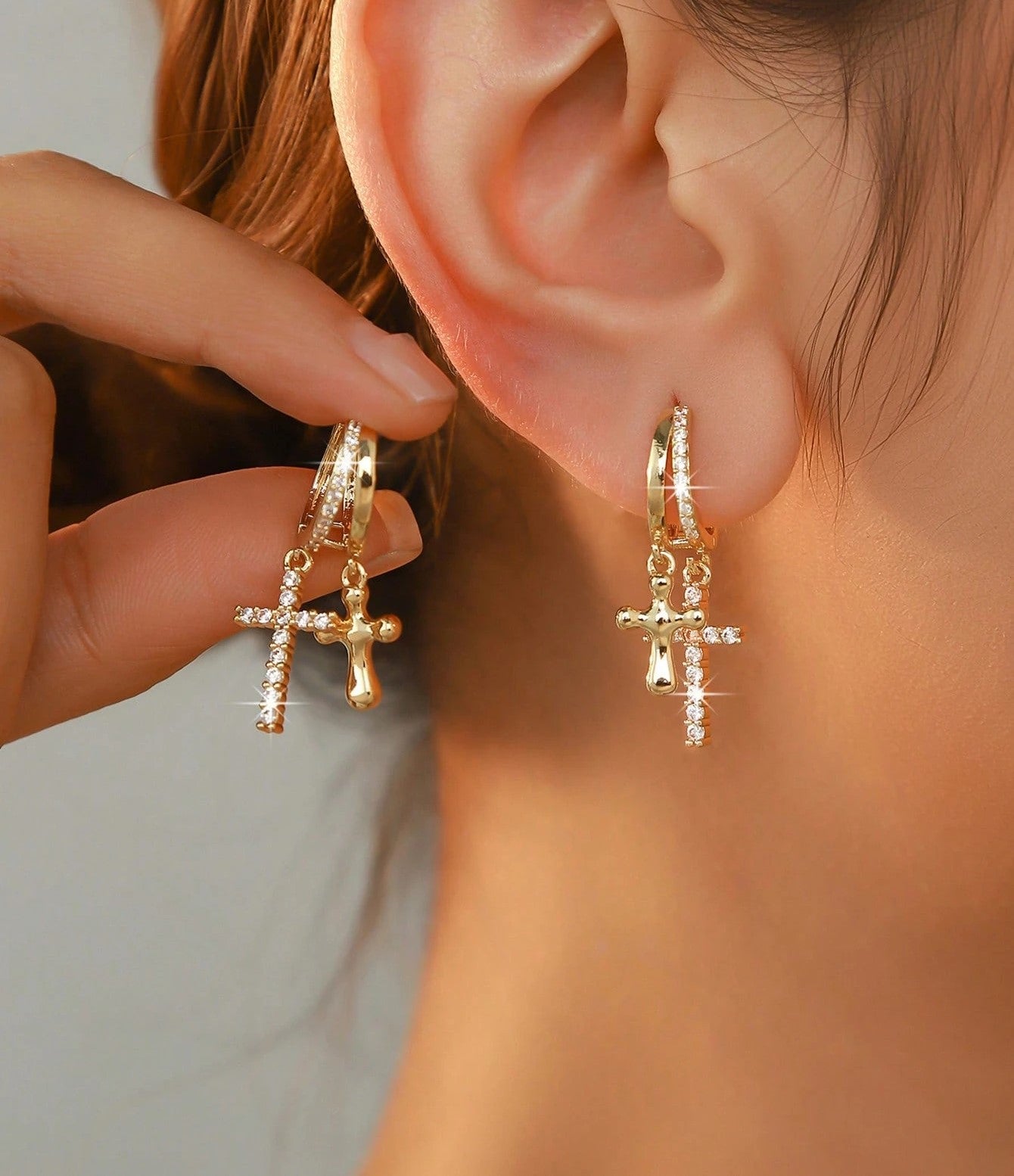 Vintage Cross Charm Cubic Zirconia Hoop Earrings