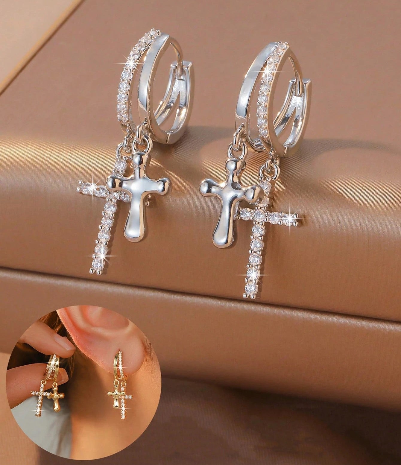 Vintage Cross Charm Cubic Zirconia Hoop Earrings