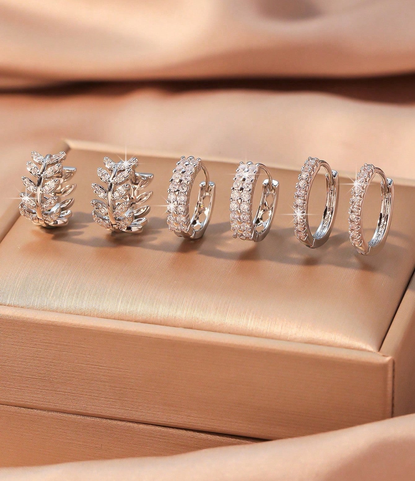 Elegant Wheat Design Hoop Earring Set with Cubic Zirconia