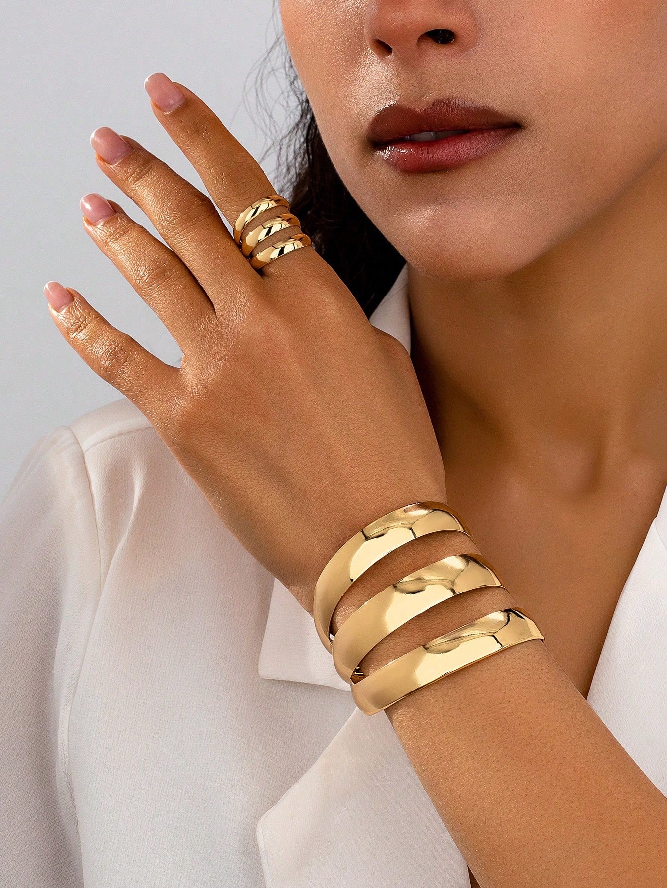 Modern Sculptural Gold-Plated Bracelet & Ring Set