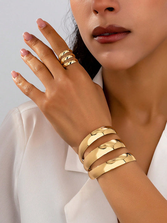 Modern Sculptural Gold-Plated Bracelet & Ring Set