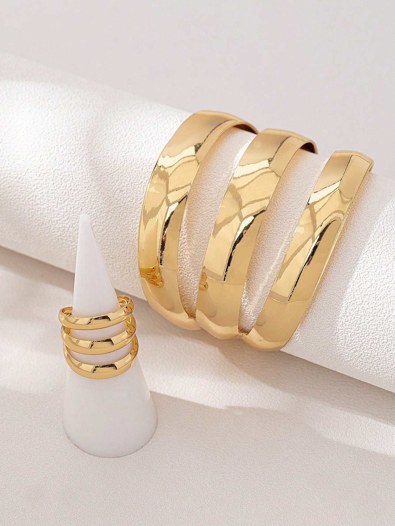 Modern Sculptural Gold-Plated Bracelet & Ring Set