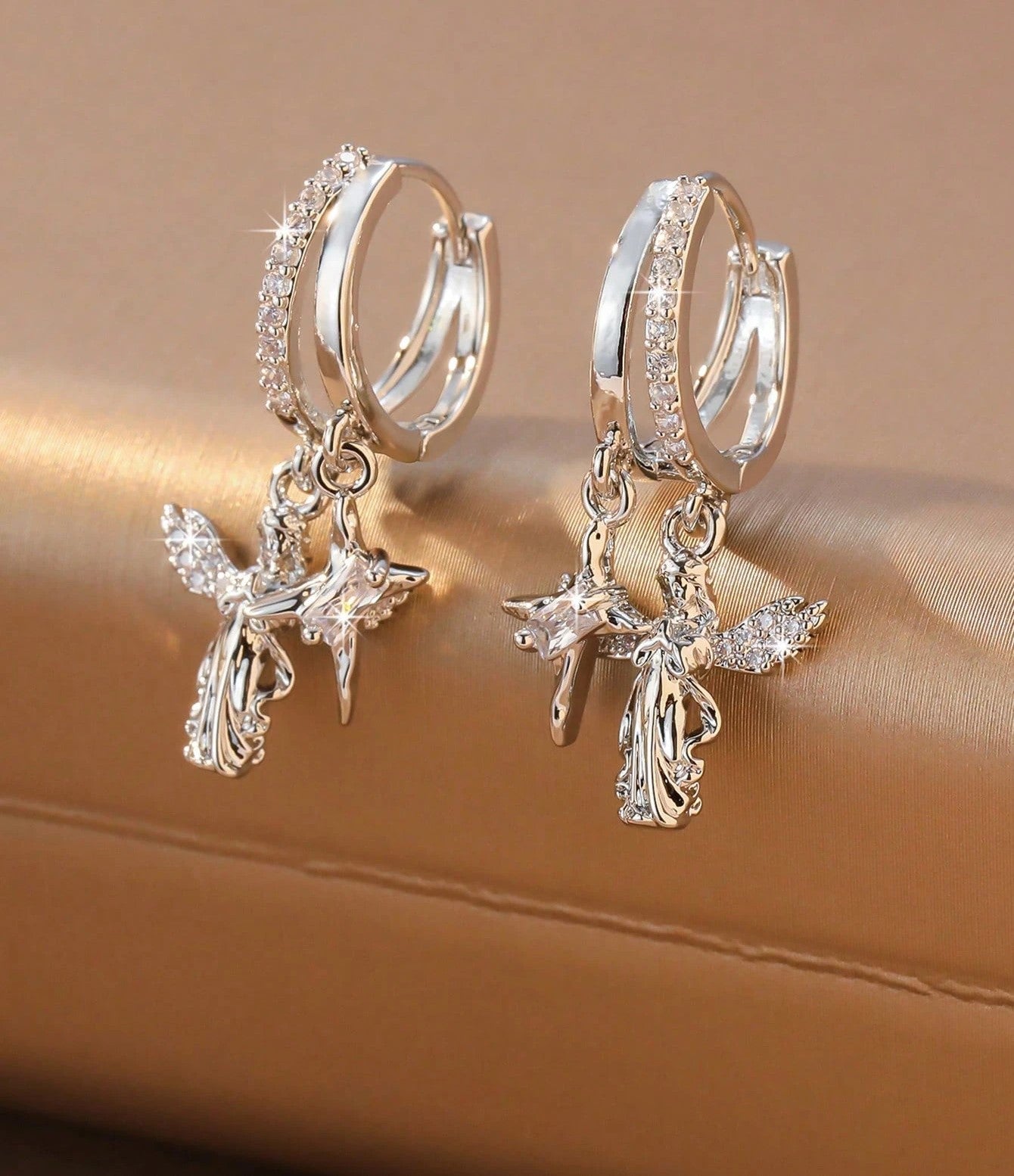 Angel Star Charm Cubic Zirconia Hoop Earrings