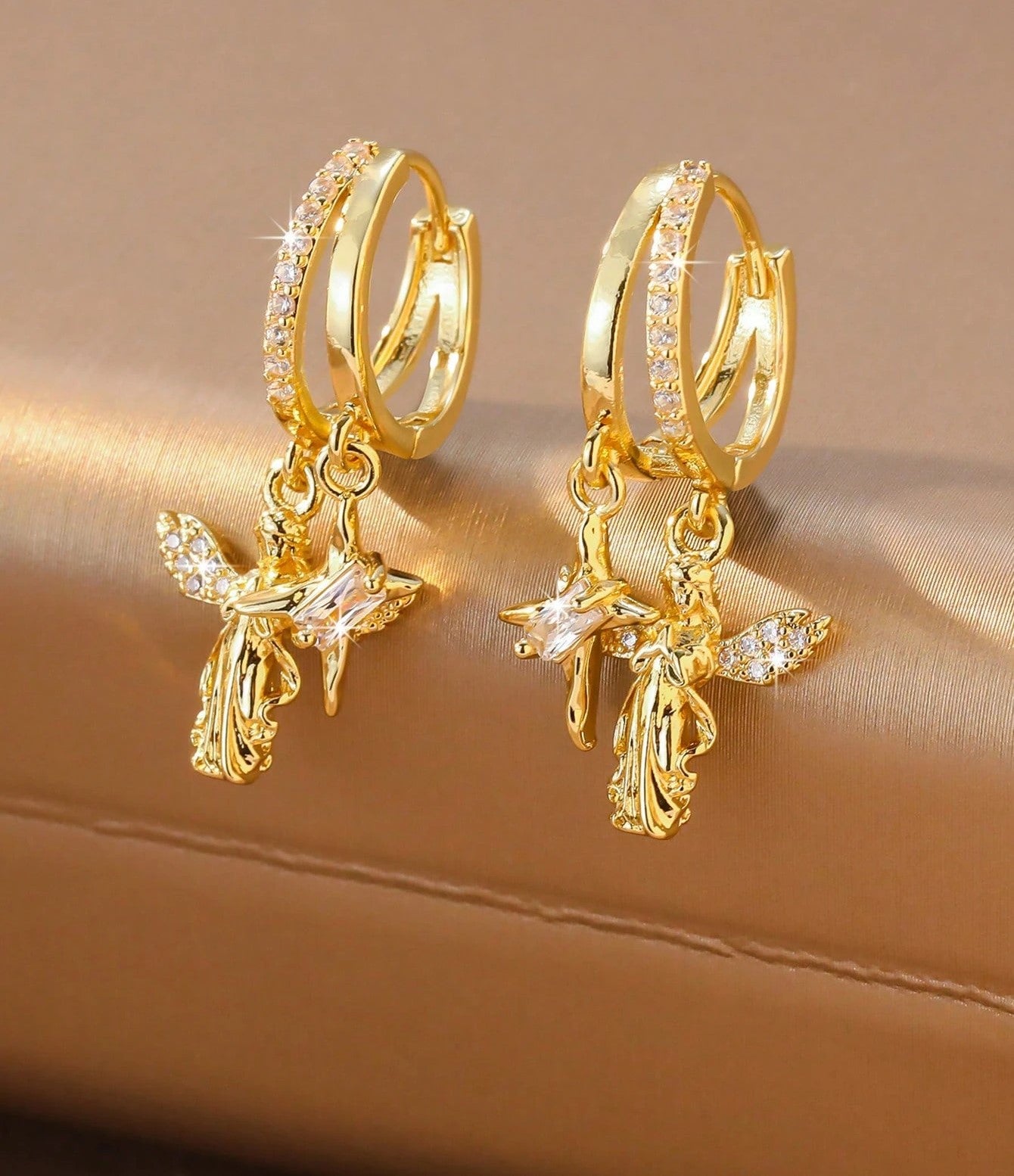 Angel Star Charm Cubic Zirconia Hoop Earrings