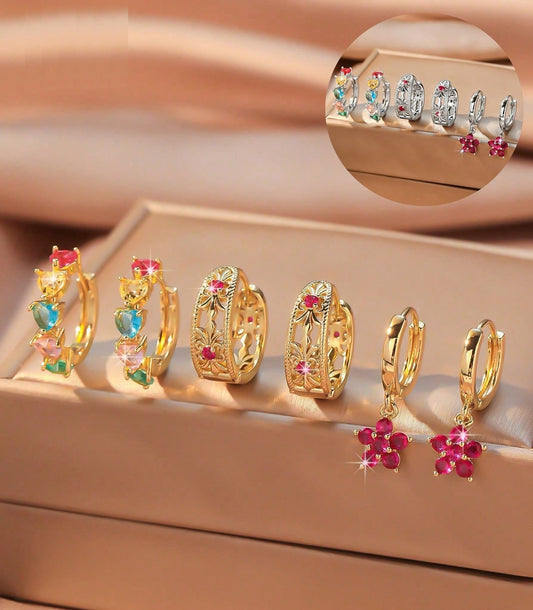 Floral Cubic Zirconia Hoop Earring Set