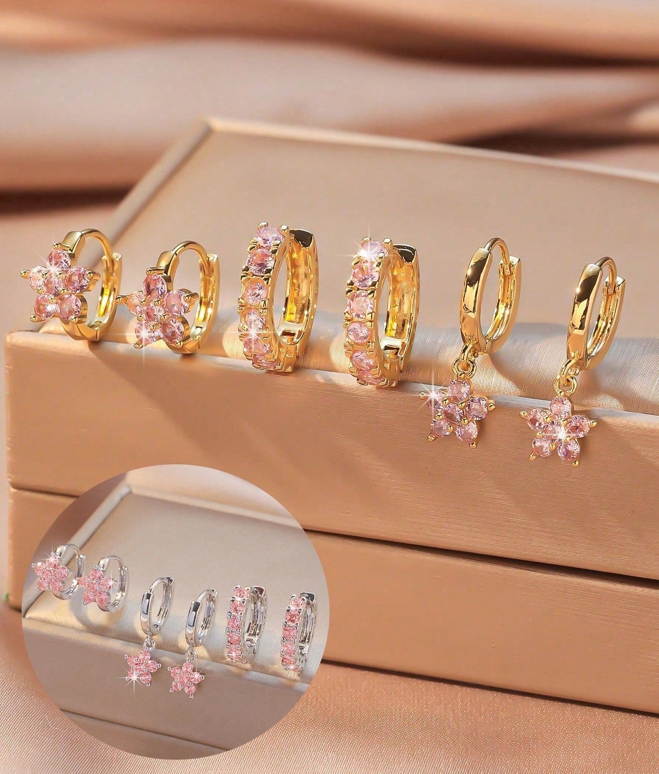 Colorful Cubic Zirconia Flower Hoop & Pendant Earring Set