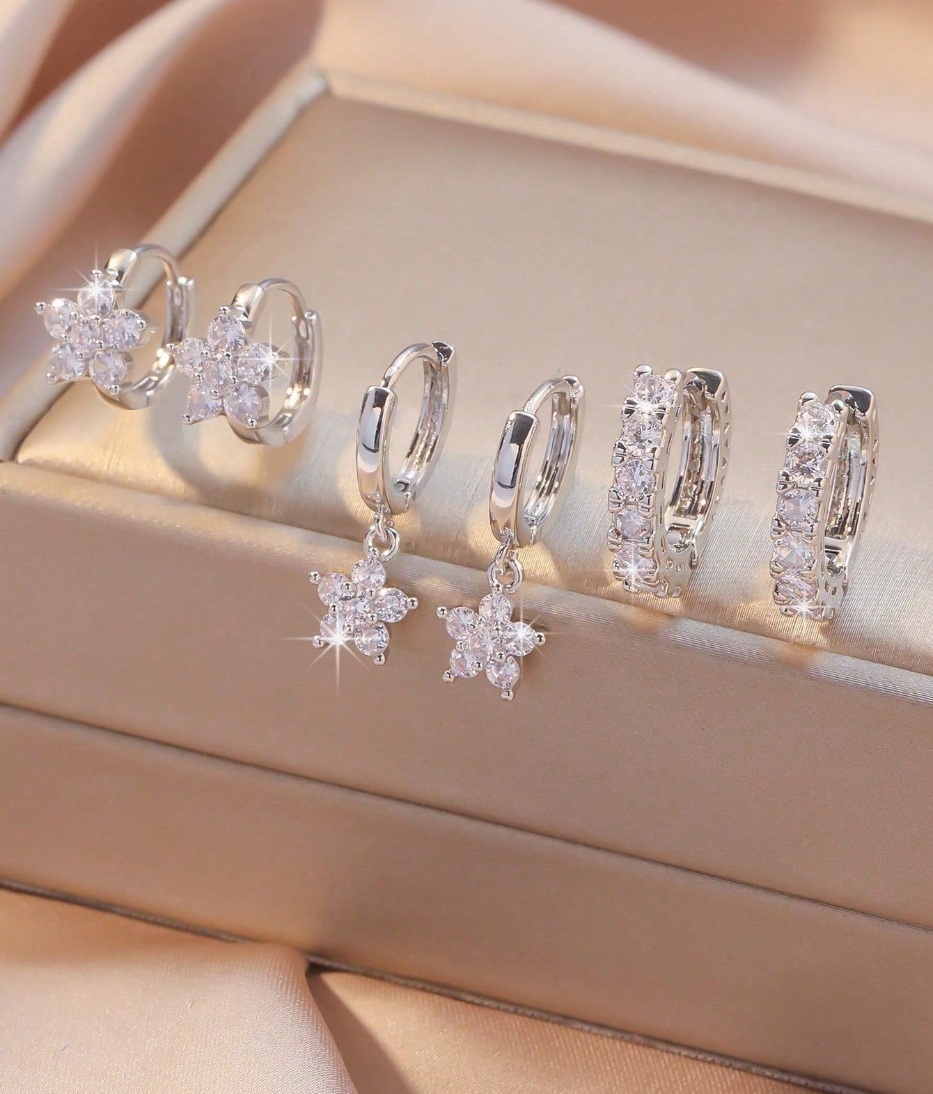 Cubic Zirconia Flower Hoop & Pendant Earring Set