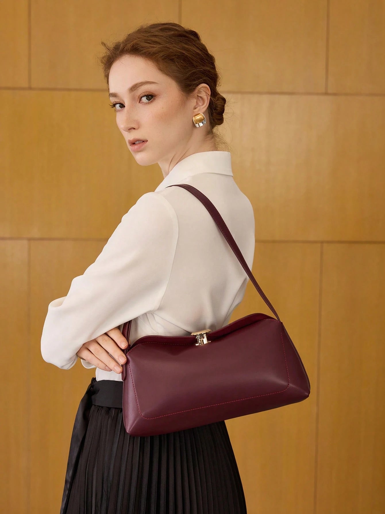 Structured Leather Baguette Bag