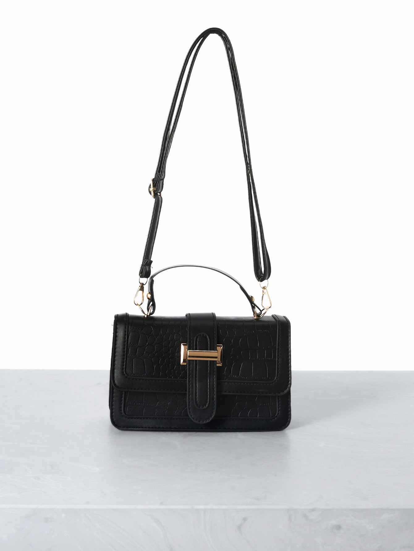 Black Minimal Gold Lock Shoulder Bag