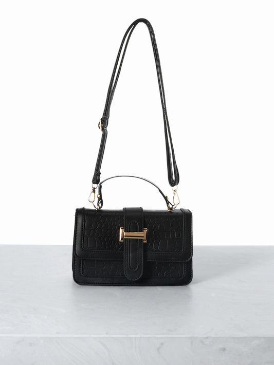 Black Minimal Gold Lock Shoulder Bag