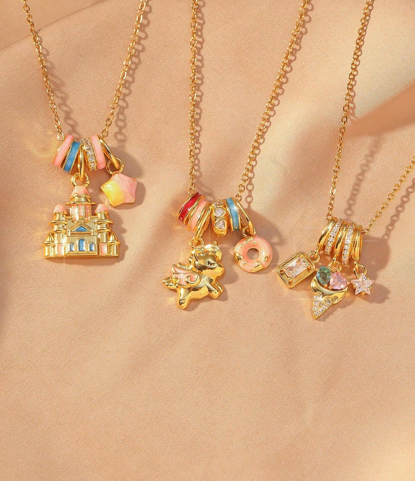 Fairytale Charm Necklace – Unicorn, Castle & Ice Cream Design