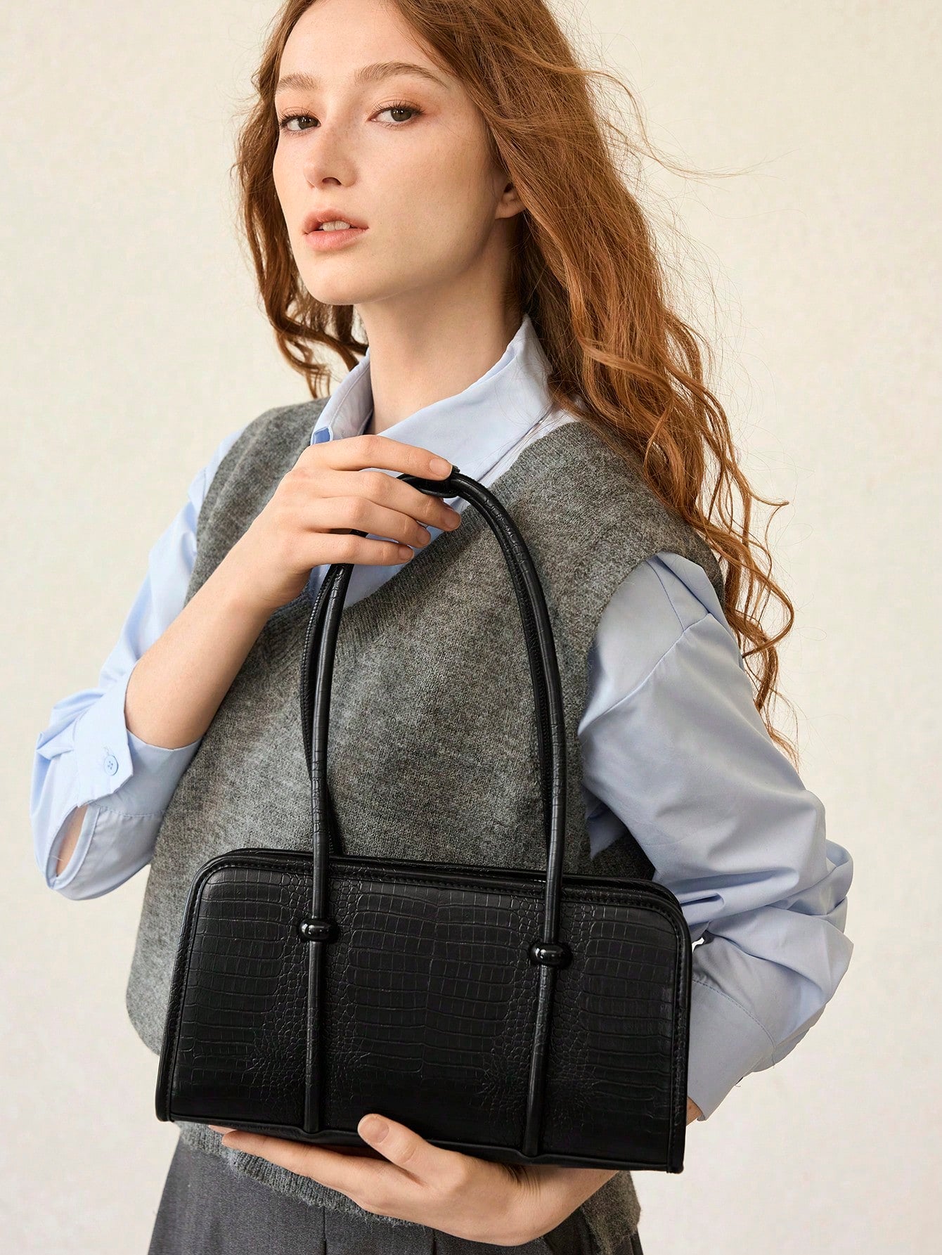 Structured Croc-Embossed Shoulder Bag
